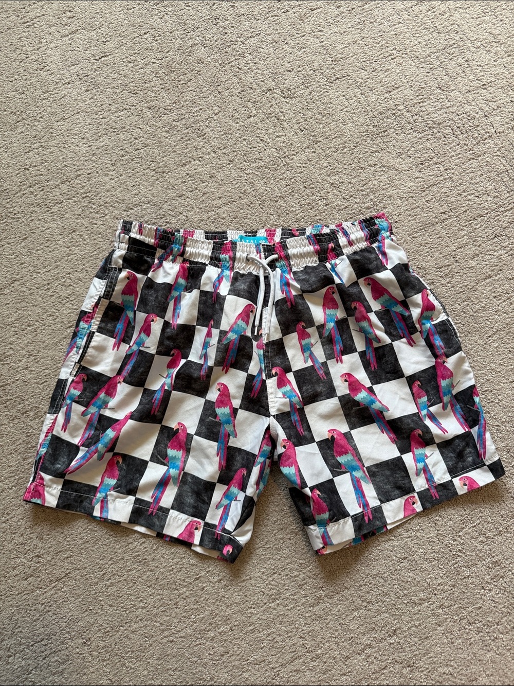 Men's Checkered Swim Trunks with Pink and Blue Parrot Print - XL